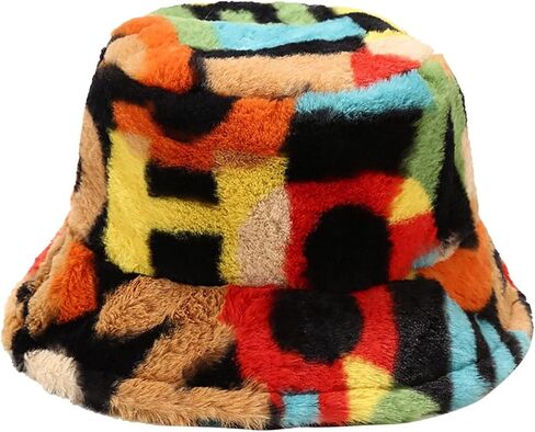 Unisex Winter Bucket Hat Warm Faux Fur Fuzzy Plush Fashion Colorful Digital Print Fisherman Hats Travel Bucket Caps in Saudi Arabia