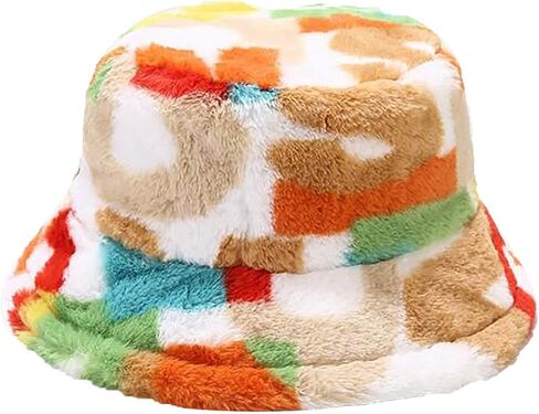 Unisex Winter Bucket Hat Warm Faux Fur Fuzzy Plush Fashion Colorful Digital Print Fisherman Hats Travel Bucket Caps in Saudi Arabia