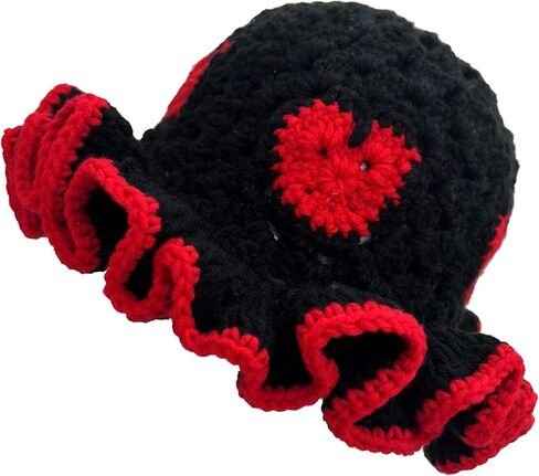 Hshsclth Women's Crochet Hat with Heart and Ruffle Brim Y2K Handmade Knit Floppy Bucket Hat Valentine in Saudi Arabia