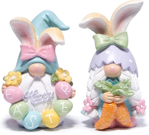 Hodao Easter Gnomes with Bunny Ears – Adorable Set of 2, Hand-Carved Floral Eggs, Glitter Bows & Sparkle Carrot – Premium Resin Decor for Living Room/Table/Shelf(Brown) in Saudi Arabia