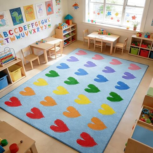 سجاد الفصول الدراسية الكبيرة الابتدائية، 13'x7'7'' قلوب سجادة الفصول الدراسية لمرحلة ما قبل المدرسة، سجادة منطقة الأطفال للرعاية النهارية وغرفة اللعب، سجاد تعليمي ابتدائي للمكتبة، مقاعد 28 (أزرق فاتح، مقاوم للحريق) in Kuwait