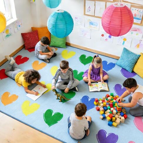 سجاد الفصول الدراسية الكبيرة الابتدائية، 13'x7'7'' قلوب سجادة الفصول الدراسية لمرحلة ما قبل المدرسة، سجادة منطقة الأطفال للرعاية النهارية وغرفة اللعب، سجاد تعليمي ابتدائي للمكتبة، مقاعد 28 (أزرق فاتح، مقاوم للحريق) in Kuwait