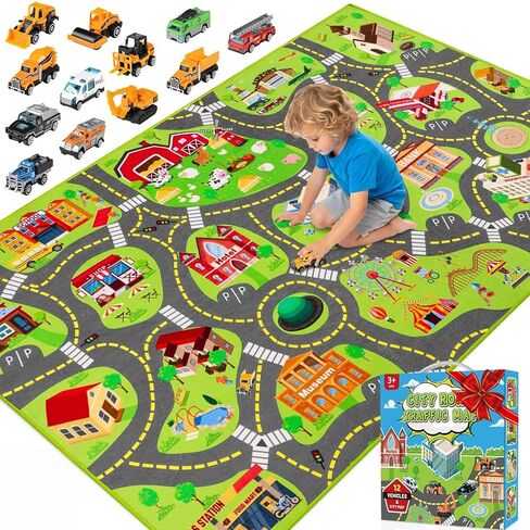 سجادة لعب للأطفال مع 12 مجموعة سيارات، سجادة لعب للأطفال على الطرق للعب السيارات، سجاد لعب السيارات، سجاد خريطة المدينة، سجاد مسار سيارة للأطفال الصغار وغرفة نوم غرفة اللعب (60 بوصة × 36 بوصة، خريطة المدينة + السيارة) in Kuwait