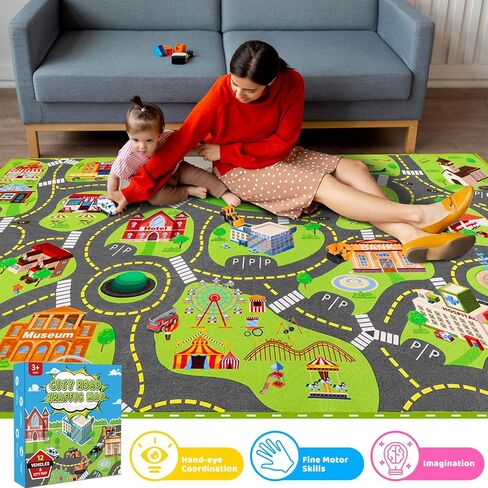 سجادة لعب للأطفال مع 12 مجموعة سيارات، سجادة لعب للأطفال على الطرق للعب السيارات، سجاد لعب السيارات، سجاد خريطة المدينة، سجاد مسار سيارة للأطفال الصغار وغرفة نوم غرفة اللعب (60 بوصة × 36 بوصة، خريطة المدينة + السيارة) in Kuwait