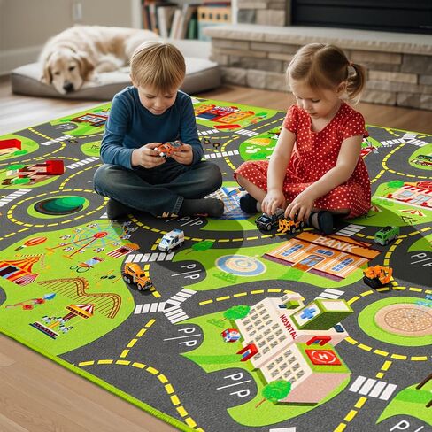 سجادة لعب للأطفال مع 12 مجموعة سيارات، سجادة لعب للأطفال على الطرق للعب السيارات، سجاد لعب السيارات، سجاد خريطة المدينة، سجاد مسار سيارة للأطفال الصغار وغرفة نوم غرفة اللعب (60 بوصة × 36 بوصة، خريطة المدينة + السيارة) in Kuwait