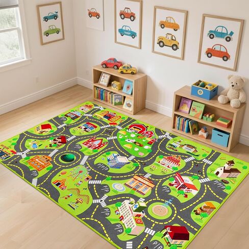 سجادة لعب للأطفال مع 12 مجموعة سيارات، سجادة لعب للأطفال على الطرق للعب السيارات، سجاد لعب السيارات، سجاد خريطة المدينة، سجاد مسار سيارة للأطفال الصغار وغرفة نوم غرفة اللعب (60 بوصة × 36 بوصة، خريطة المدينة + السيارة) in Kuwait