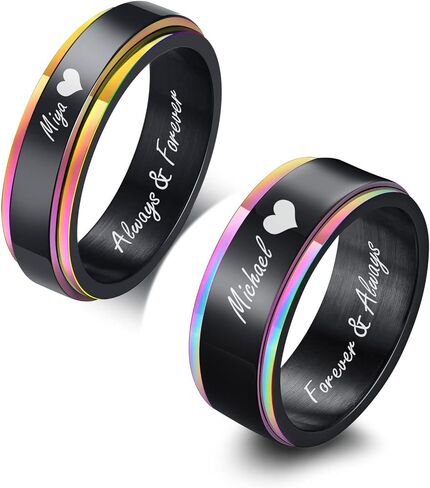 MEALGUET Personalized Couple Ring, Custom Engrave Rainbow Belved Edge Spinner Design Fidget Wedding Band Promise Engagement Ring for Men Women, His and Hers Couple Rings Set in Saudi Arabia