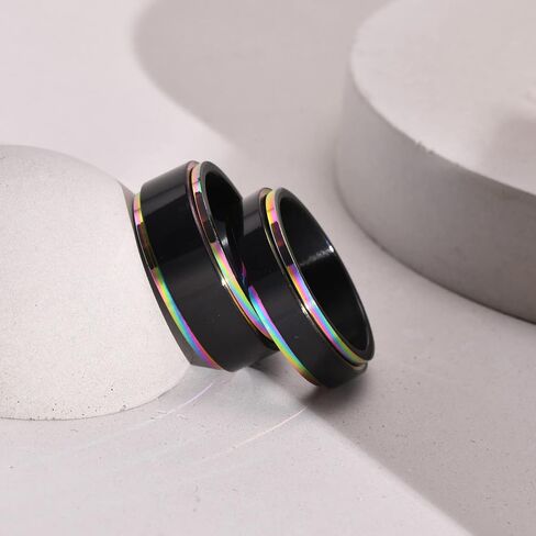 MEALGUET Personalized Couple Ring, Custom Engrave Rainbow Belved Edge Spinner Design Fidget Wedding Band Promise Engagement Ring for Men Women, His and Hers Couple Rings Set in Saudi Arabia