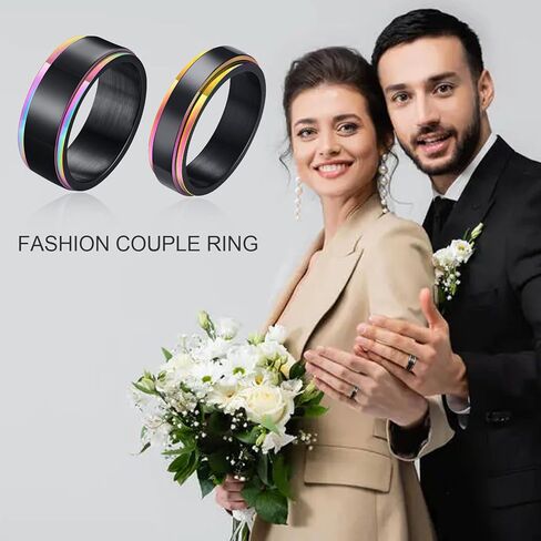 MEALGUET Personalized Couple Ring, Custom Engrave Rainbow Belved Edge Spinner Design Fidget Wedding Band Promise Engagement Ring for Men Women, His and Hers Couple Rings Set in Saudi Arabia