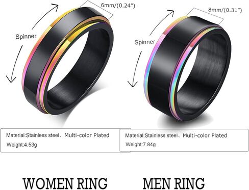 MEALGUET Personalized Couple Ring, Custom Engrave Rainbow Belved Edge Spinner Design Fidget Wedding Band Promise Engagement Ring for Men Women, His and Hers Couple Rings Set in Saudi Arabia