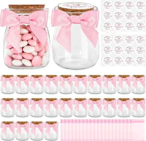 JarThenaAMCS 30Pcs Baby Shower Party Favors for Guests 3.4 Oz Mini Glass Mason Jars with Cork Lids Pink Ribbon Bows Stickers Organza Bags for Valentine's Day Gender Reveal Party Table Centerpieces in Saudi Arabia