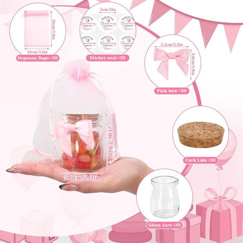 JarThenaAMCS 30Pcs Baby Shower Party Favors for Guests 3.4 Oz Mini Glass Mason Jars with Cork Lids Pink Ribbon Bows Stickers Organza Bags for Valentine's Day Gender Reveal Party Table Centerpieces in Saudi Arabia