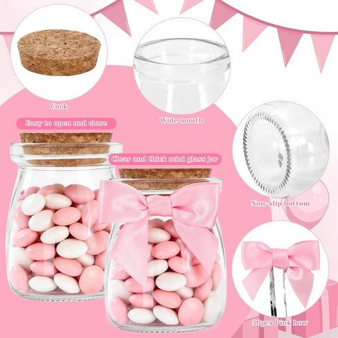 JarThenaAMCS 30Pcs Baby Shower Party Favors for Guests 3.4 Oz Mini Glass Mason Jars with Cork Lids Pink Ribbon Bows Stickers Organza Bags for Valentine's Day Gender Reveal Party Table Centerpieces in Saudi Arabia