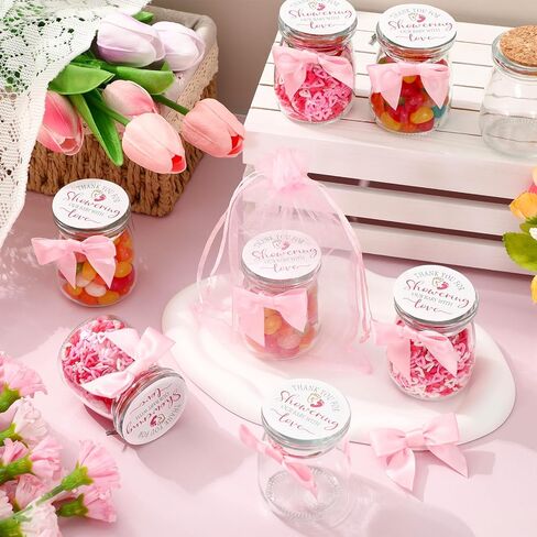 JarThenaAMCS 30Pcs Baby Shower Party Favors for Guests 3.4 Oz Mini Glass Mason Jars with Cork Lids Pink Ribbon Bows Stickers Organza Bags for Valentine's Day Gender Reveal Party Table Centerpieces in Saudi Arabia