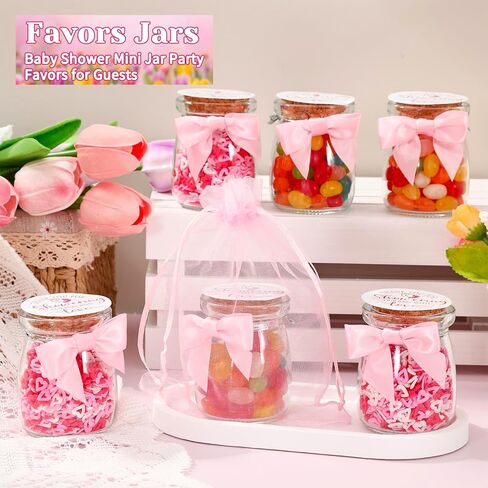 JarThenaAMCS 30Pcs Baby Shower Party Favors for Guests 3.4 Oz Mini Glass Mason Jars with Cork Lids Pink Ribbon Bows Stickers Organza Bags for Valentine's Day Gender Reveal Party Table Centerpieces in Saudi Arabia
