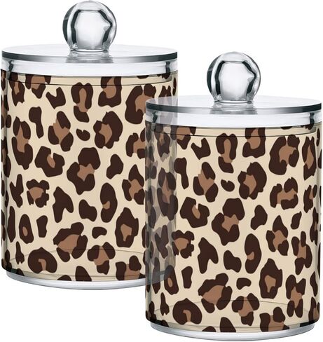 2 Pack Qtip Holder Dispenser for Cotton Ball Leopard Print Cheetah Swab Round Pads Clear Plastic Acrylic Jar Set Bathroom Canister in Saudi Arabia