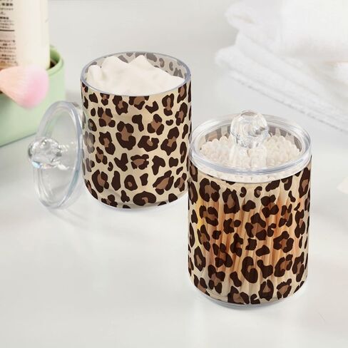 2 Pack Qtip Holder Dispenser for Cotton Ball Leopard Print Cheetah Swab Round Pads Clear Plastic Acrylic Jar Set Bathroom Canister in Saudi Arabia
