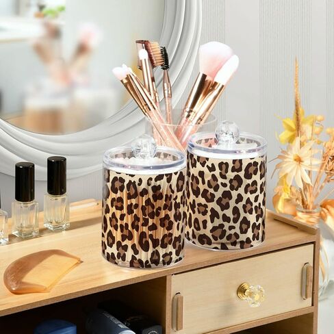 2 Pack Qtip Holder Dispenser for Cotton Ball Leopard Print Cheetah Swab Round Pads Clear Plastic Acrylic Jar Set Bathroom Canister in Saudi Arabia