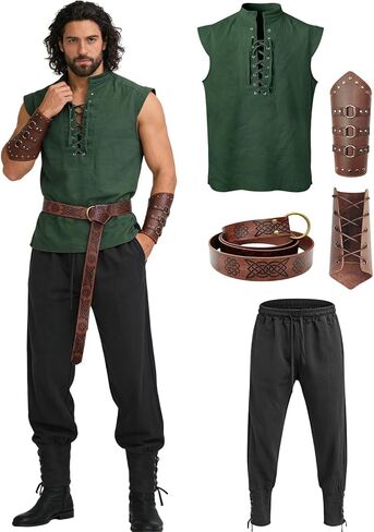 زي عصر النهضة الرجالي من Verceco 4 قطع - قميص بأربطة من العصور الوسطى، وسروال للكاحل، وحزام ودعامات جلدية لأزياء LARP التنكرية in Kuwait