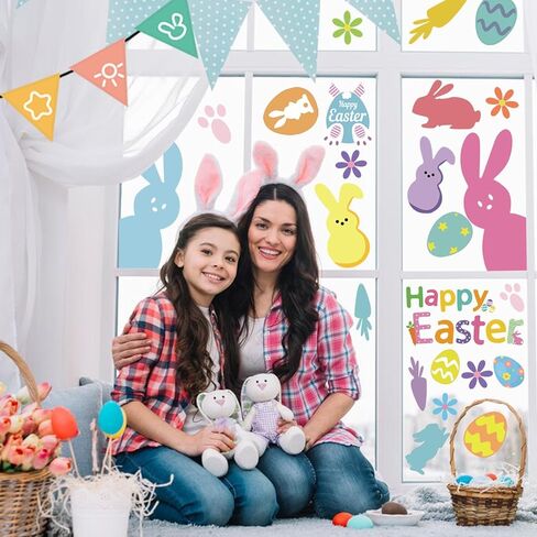 9 ورقات زينة لنوافذ عيد الفصح، ديكورات عيد الفصح للنوافذ الزجاجية، ملصقات للعطلات لبيض الفجل الأرنب لوازم حفلات عيد الفصح in Kuwait