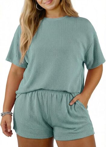 Eytino Plus Size Two Piece Sets for Women Short Sleeve Shirts High Waisted Shorts Pajamas Lounge Matching Set(1X-5X) in Saudi Arabia