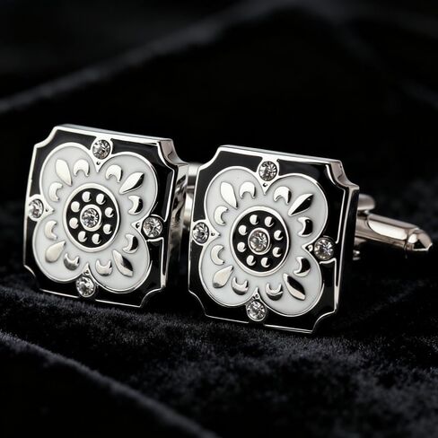 Men's Cufflink Set, Square Black and White Retro Carved Crystal Cufflinks, as Accessories and Gifts.Add Color to Your Clothing. in Saudi Arabia