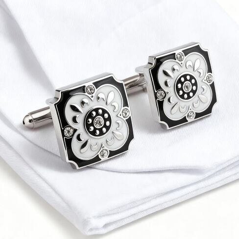 Men's Cufflink Set, Square Black and White Retro Carved Crystal Cufflinks, as Accessories and Gifts.Add Color to Your Clothing. in Saudi Arabia