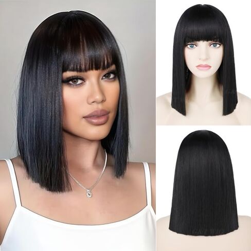 G&T Wig Black Bob Wig with Bangs 14inch Straight Bob Bangs Wig for Women Daily Cosplay Costume Halloween Party Wigs in Saudi Arabia