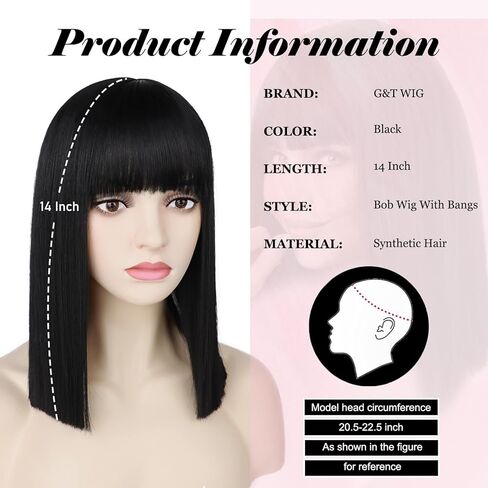 G&T Wig Black Bob Wig with Bangs 14inch Straight Bob Bangs Wig for Women Daily Cosplay Costume Halloween Party Wigs in Saudi Arabia