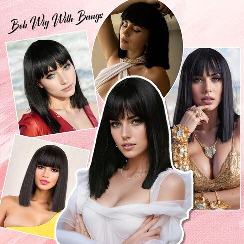 G&T Wig Black Bob Wig with Bangs 14inch Straight Bob Bangs Wig for Women Daily Cosplay Costume Halloween Party Wigs in Saudi Arabia