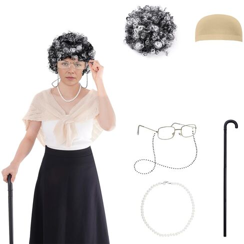 100 Days of School Costume Old Lady Costume for Adult Grandma Wig Old Lady Shawl Granny Glasses with Chain Pearl Necklace Grandma Cane School 100th Activity Suit in Saudi Arabia