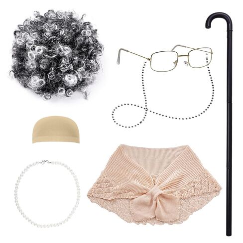 100 Days of School Costume Old Lady Costume for Adult Grandma Wig Old Lady Shawl Granny Glasses with Chain Pearl Necklace Grandma Cane School 100th Activity Suit in Saudi Arabia