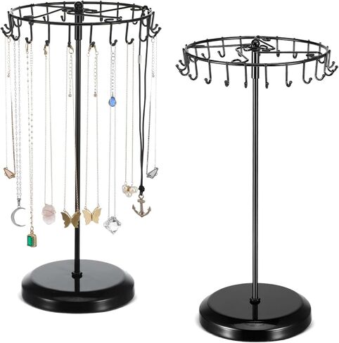 2 Pack Rotating Jewelry Tree Stand, 14.38-Inch Metal Necklace Holder Organizer with 23 Hooks for Tangle-Free Display, Black in Saudi Arabia