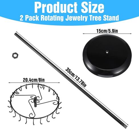 2 Pack Rotating Jewelry Tree Stand, 14.38-Inch Metal Necklace Holder Organizer with 23 Hooks for Tangle-Free Display, Black in Saudi Arabia