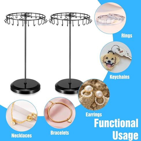 2 Pack Rotating Jewelry Tree Stand, 14.38-Inch Metal Necklace Holder Organizer with 23 Hooks for Tangle-Free Display, Black in Saudi Arabia