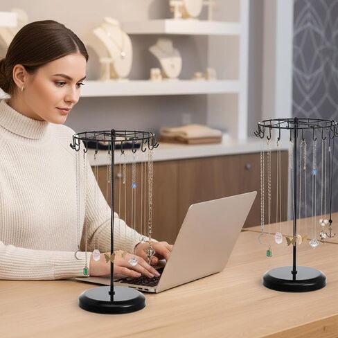 2 Pack Rotating Jewelry Tree Stand, 14.38-Inch Metal Necklace Holder Organizer with 23 Hooks for Tangle-Free Display, Black in Saudi Arabia