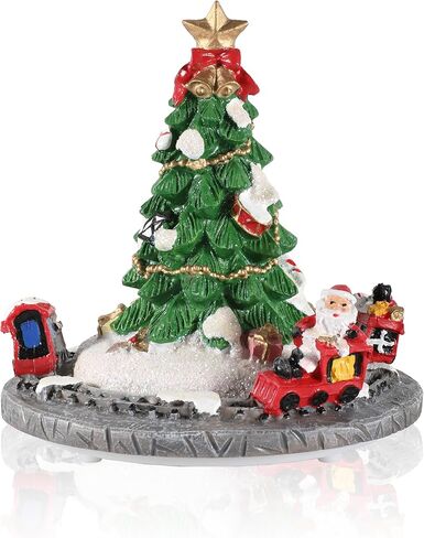 تمثال شجرة عيد الميلاد الموسيقية الدوارة من iStatue - زينة عطلة من الراتنج مع قطار سانتا، تعزف أغنية "عيد ميلاد سعيد"، هدية عيد الميلاد الدوارة بطول 15.24 سم (شجرة عيد الميلاد) in Kuwait