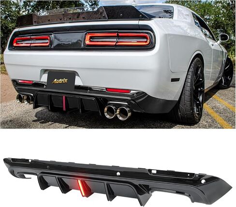 ناشر المصد الخلفي مع ضوء LED لـ 2015-2024 دودج تشالنجر SRT Hellcat Redeye Scat Pack 392 R/T GT SXT، ناشر خلفي ممتص للصدمات شفة سمك القرش سبليتر ستايل لامع أسود in Kuwait