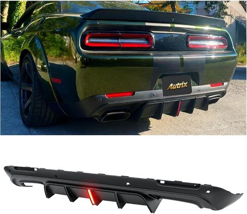 ناشر المصد الخلفي مع ضوء LED لـ 2015-2024 دودج تشالنجر SRT Hellcat Redeye Scat Pack 392 R/T GT SXT، ناشر خلفي ممتص للصدمات شفة سمك القرش سبليتر ستايل لامع أسود in Kuwait