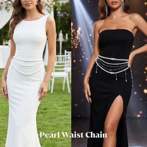 Pearl Body Chain Multi Layered Long Tassel Pearl Wasit Chain Belt for Women White Belly Chains for Dresses Wedding Bridal Festival Rave Body Jewelry for Women in Saudi Arabia