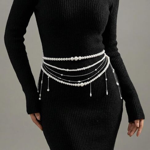 Pearl Body Chain Multi Layered Long Tassel Pearl Wasit Chain Belt for Women White Belly Chains for Dresses Wedding Bridal Festival Rave Body Jewelry for Women in Saudi Arabia
