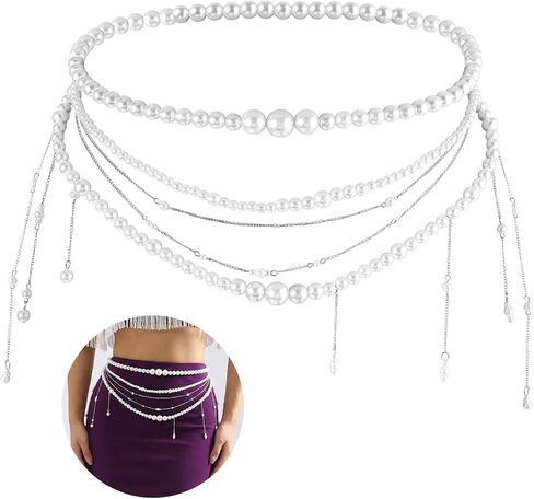 Pearl Body Chain Multi Layered Long Tassel Pearl Wasit Chain Belt for Women White Belly Chains for Dresses Wedding Bridal Festival Rave Body Jewelry for Women in Saudi Arabia