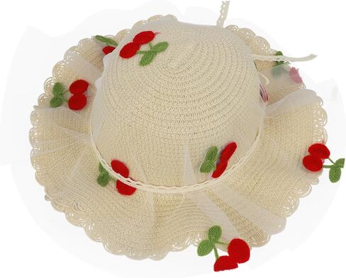 Little Girl Breathable Summer Straw Hat Cute Cherry Lace Bowknot Sun Hats Kids Floppy Beach Cap Wide Brim Sun Visor in Saudi Arabia