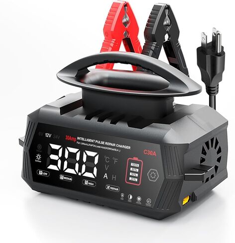 30 AMP Battery Charger, 6V/12V/24V Lead-Acid, Lithium, LiFePo4 Smart Battery Charger, Portable Large Screen Trickle Charger, Fully Automatic Chargers and Maintainer for Car, Motorcycle, Lawn Mower in Saudi Arabia