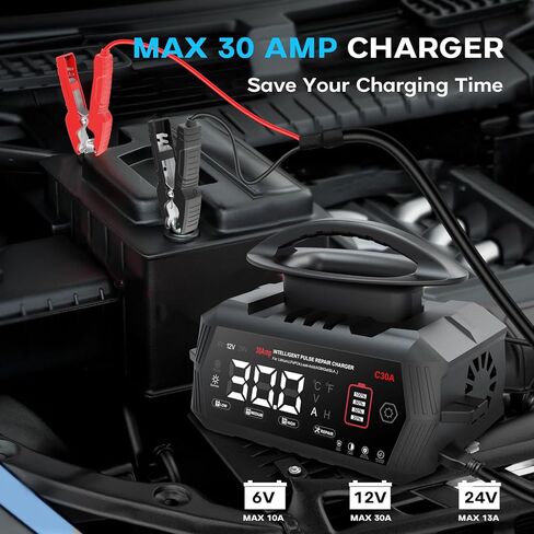 30 AMP Battery Charger, 6V/12V/24V Lead-Acid, Lithium, LiFePo4 Smart Battery Charger, Portable Large Screen Trickle Charger, Fully Automatic Chargers and Maintainer for Car, Motorcycle, Lawn Mower in Saudi Arabia