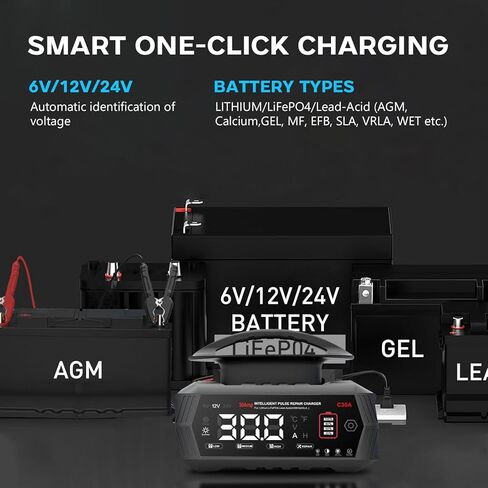 30 AMP Battery Charger, 6V/12V/24V Lead-Acid, Lithium, LiFePo4 Smart Battery Charger, Portable Large Screen Trickle Charger, Fully Automatic Chargers and Maintainer for Car, Motorcycle, Lawn Mower in Saudi Arabia