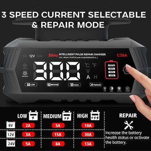 30 AMP Battery Charger, 6V/12V/24V Lead-Acid, Lithium, LiFePo4 Smart Battery Charger, Portable Large Screen Trickle Charger, Fully Automatic Chargers and Maintainer for Car, Motorcycle, Lawn Mower in Saudi Arabia