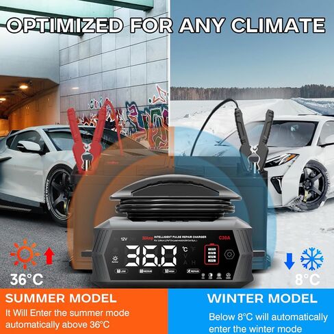 30 AMP Battery Charger, 6V/12V/24V Lead-Acid, Lithium, LiFePo4 Smart Battery Charger, Portable Large Screen Trickle Charger, Fully Automatic Chargers and Maintainer for Car, Motorcycle, Lawn Mower in Saudi Arabia