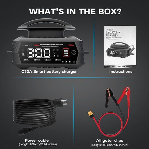30 AMP Battery Charger, 6V/12V/24V Lead-Acid, Lithium, LiFePo4 Smart Battery Charger, Portable Large Screen Trickle Charger, Fully Automatic Chargers and Maintainer for Car, Motorcycle, Lawn Mower in Saudi Arabia
