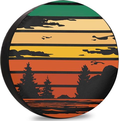 أغطية الإطارات الاحتياطية للمقطورات إطارات غابة غروب الشمس الرجعية للسيارات مقاومة للطقس والغبار عالمية لمقطورة سيارات الدفع الرباعي ومخيم السفر 12 بوصة 13 بوصة 14 بوصة 15 بوصة 16 بوصة 17 بوصة in Kuwait